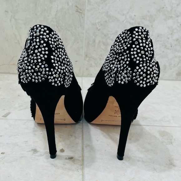 KAREN MILLEN {6} Black Silver Beaded Pumps Peep Toe Stiletto - Picture 6 of 16